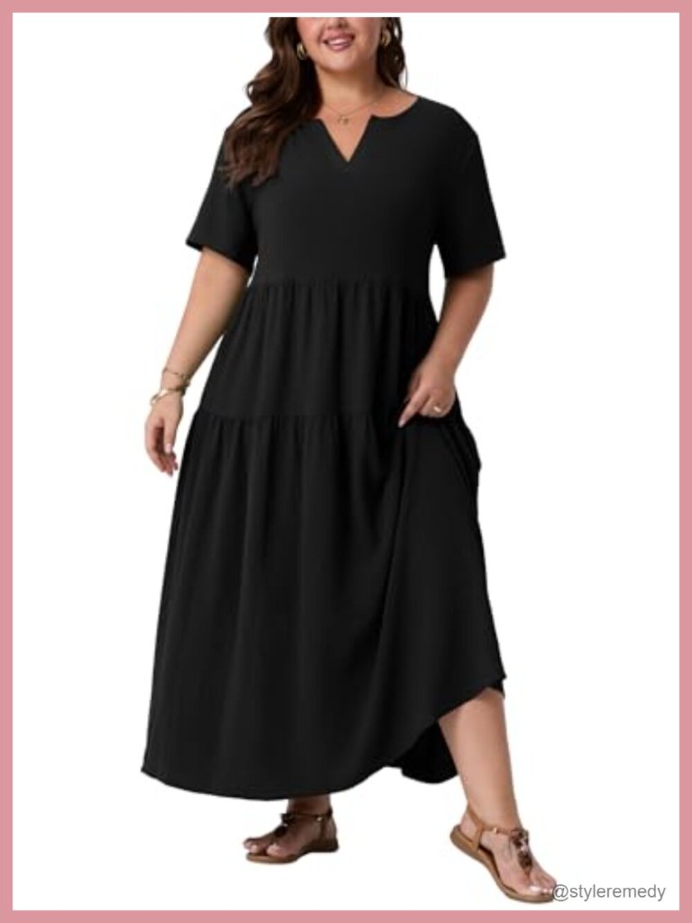 Plus Size Maxi Dress Flowy Tiered V-Neck Short Sleeve with Pockets Beach